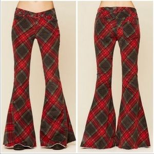 RARE Free People Collector’s Red Gray Plaid Super Flare Corduroy Pants Sz 27